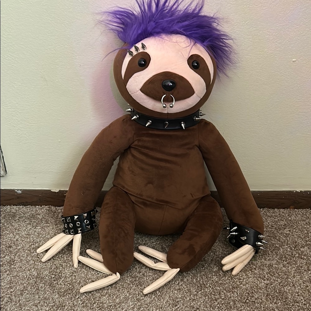 Dolls kill Plush Goth Sloth Toy with Purple Hair and Brown Body and Piercings